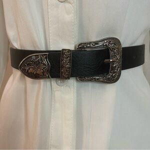 Black PU silver tone buckle skinny belt